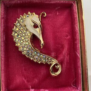 Vintage Seahorse Pin Brooch Red Eye Crystal Gold Tone Body Mid Century style